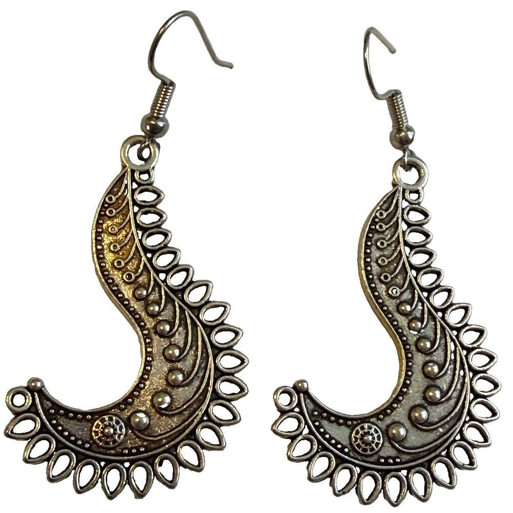 Vintage Boho Silver Tone Paisley Crescent Dangle Earrings Tribal Ethnic Drop